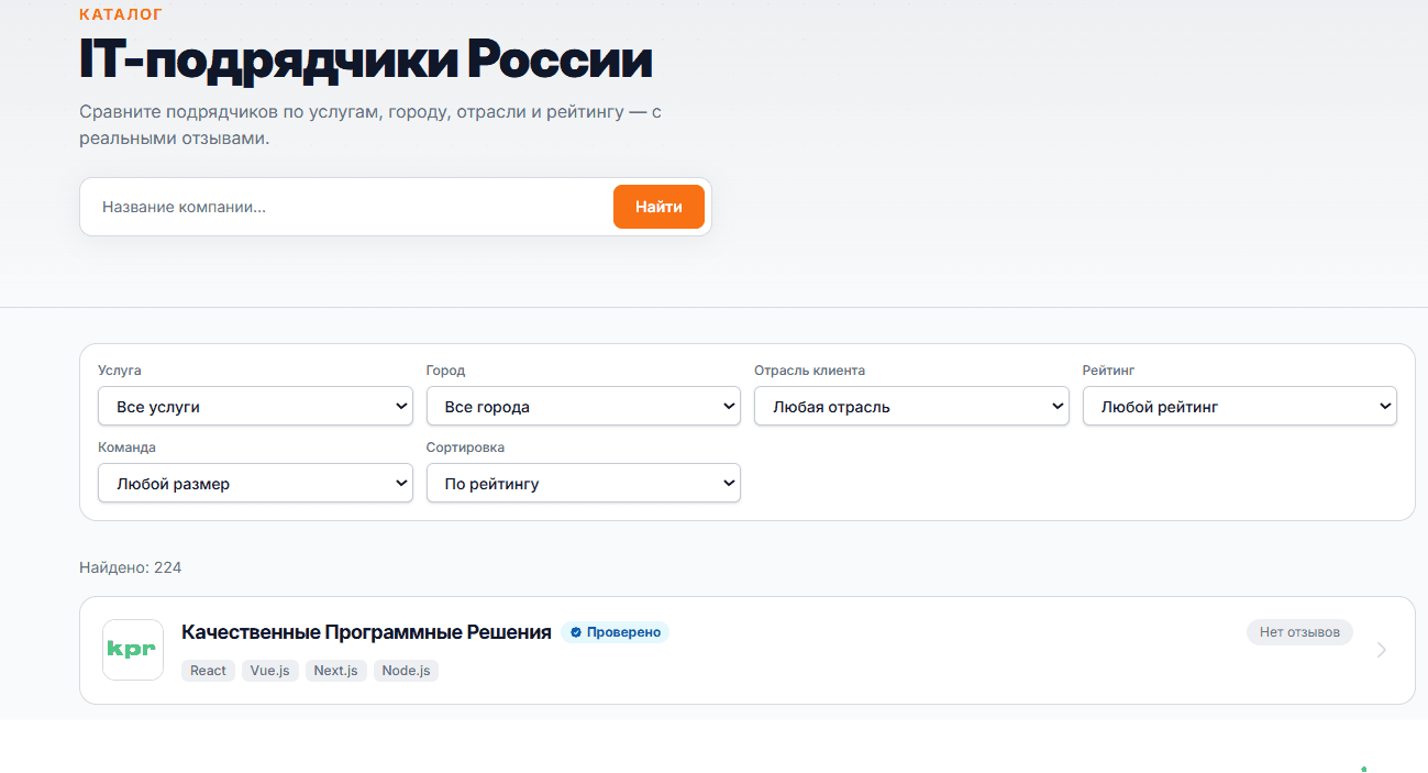 Каталог IT-подрядчиков: фильтры по услуге, городу, отрасли и рейтингу и карточка компании